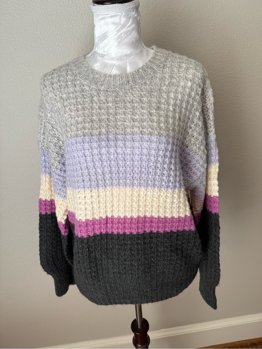 Cozy Colorblock Waffle Knit Sweater in Gray, Lavender, Cream & Pink